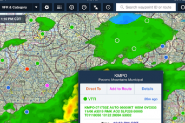 <strong><center>EN-ROUTE WEATHER</center></strong> </br> </br> Display en-route weather and weather conditions at nearby airports.  Minimizes alternate airport guess work.